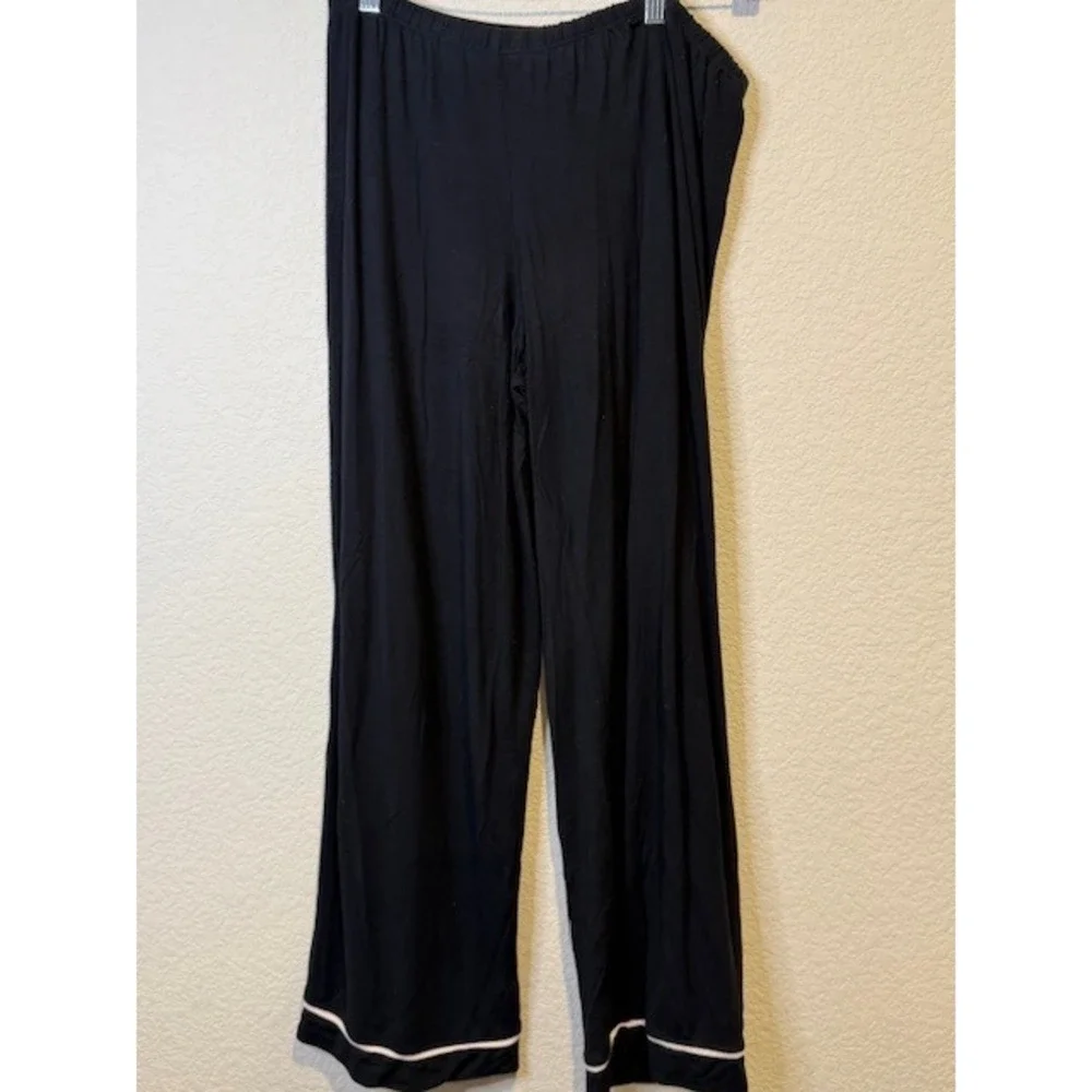 Hale Bob Womens Black Pajama Set Long Sleeve Button Down Pants Size L Piping
